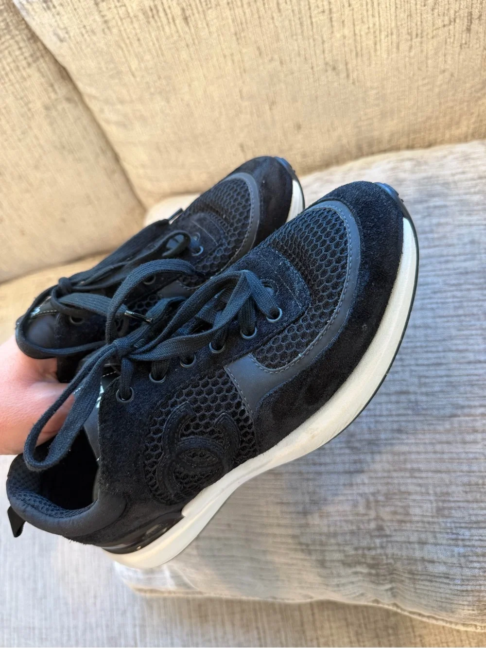 CHANEL Calfskin Mesh Lycra Suede Womens Logo Sneakers ⭐️size 38 AUTHENTIC